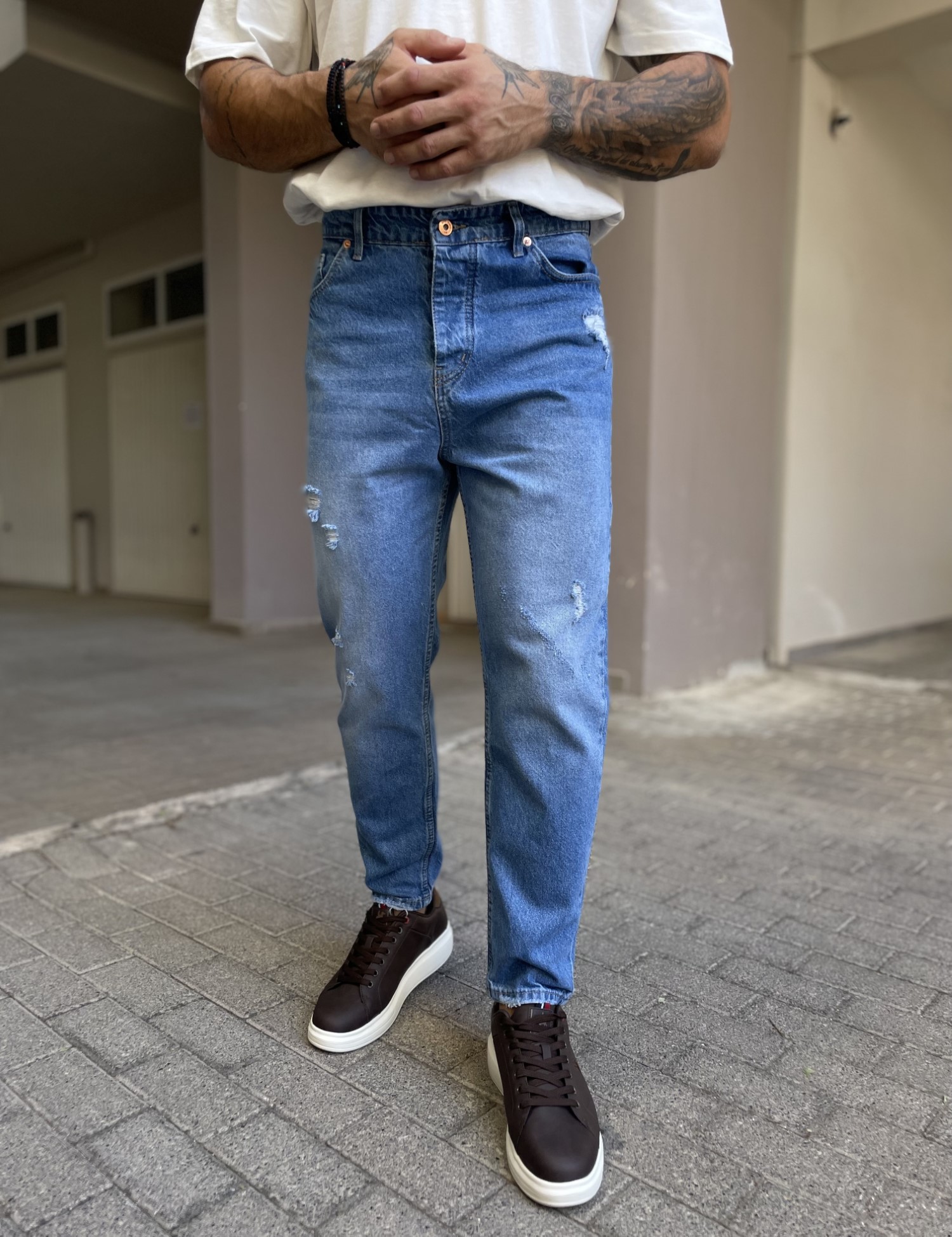 WE11 Ανδρικό μπλε ξεβαμμένο loose τζιν πεντάτσεπο με φθορές WE3011